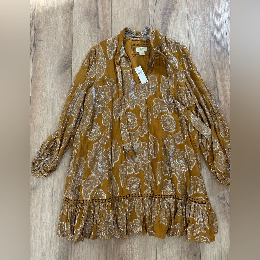 Maeve Anthropologie Metallic Floral Tunic Dress | Gold Mustard Boho | Size L NWT